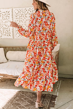 Robe bohème multicolore à col floral et manches longues à volants