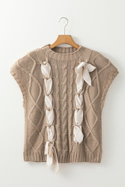 Short -sleeved sweater with satin bow tie color block simplely taupe in twisted knitting