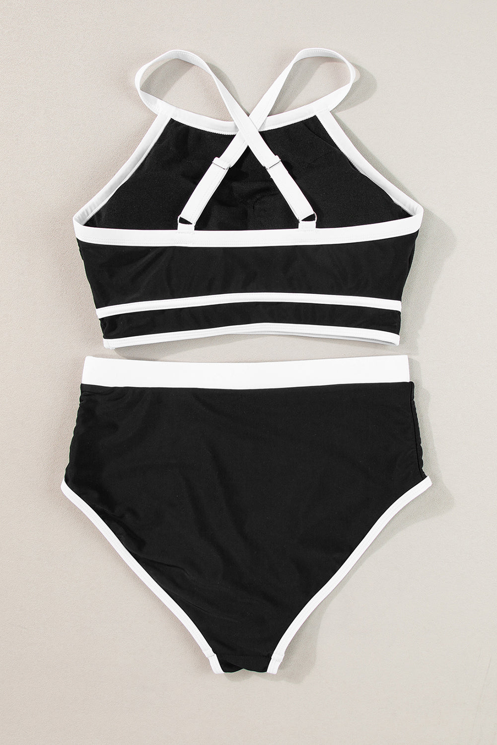 Black Contrast Trim Crisscross Back Bikini a vita alta