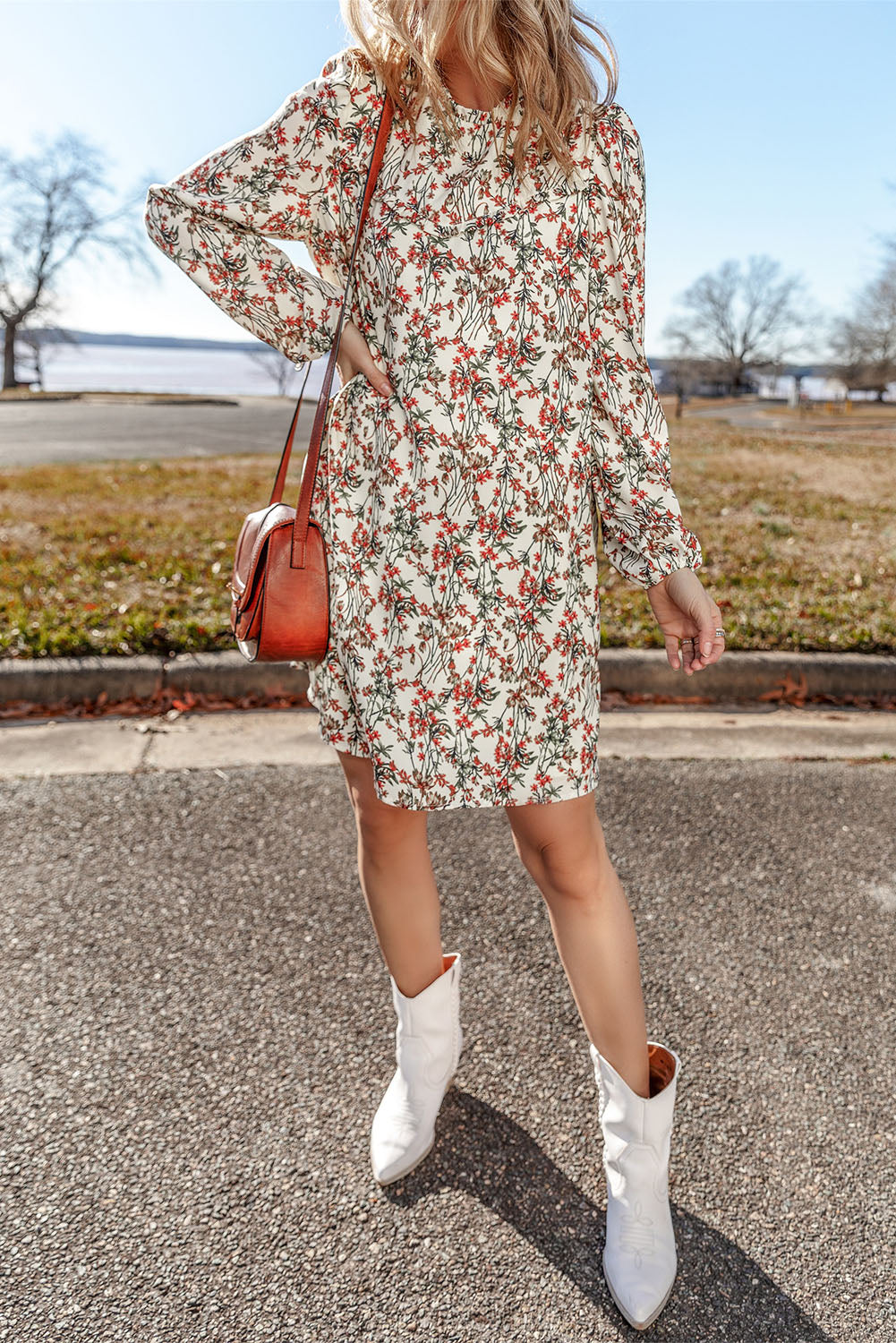 White long sleeve mini dress with floral print