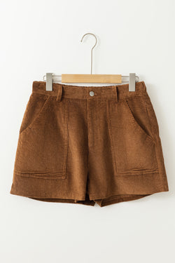 Vintage brown corduroy shorts with elastic waist and back pockets