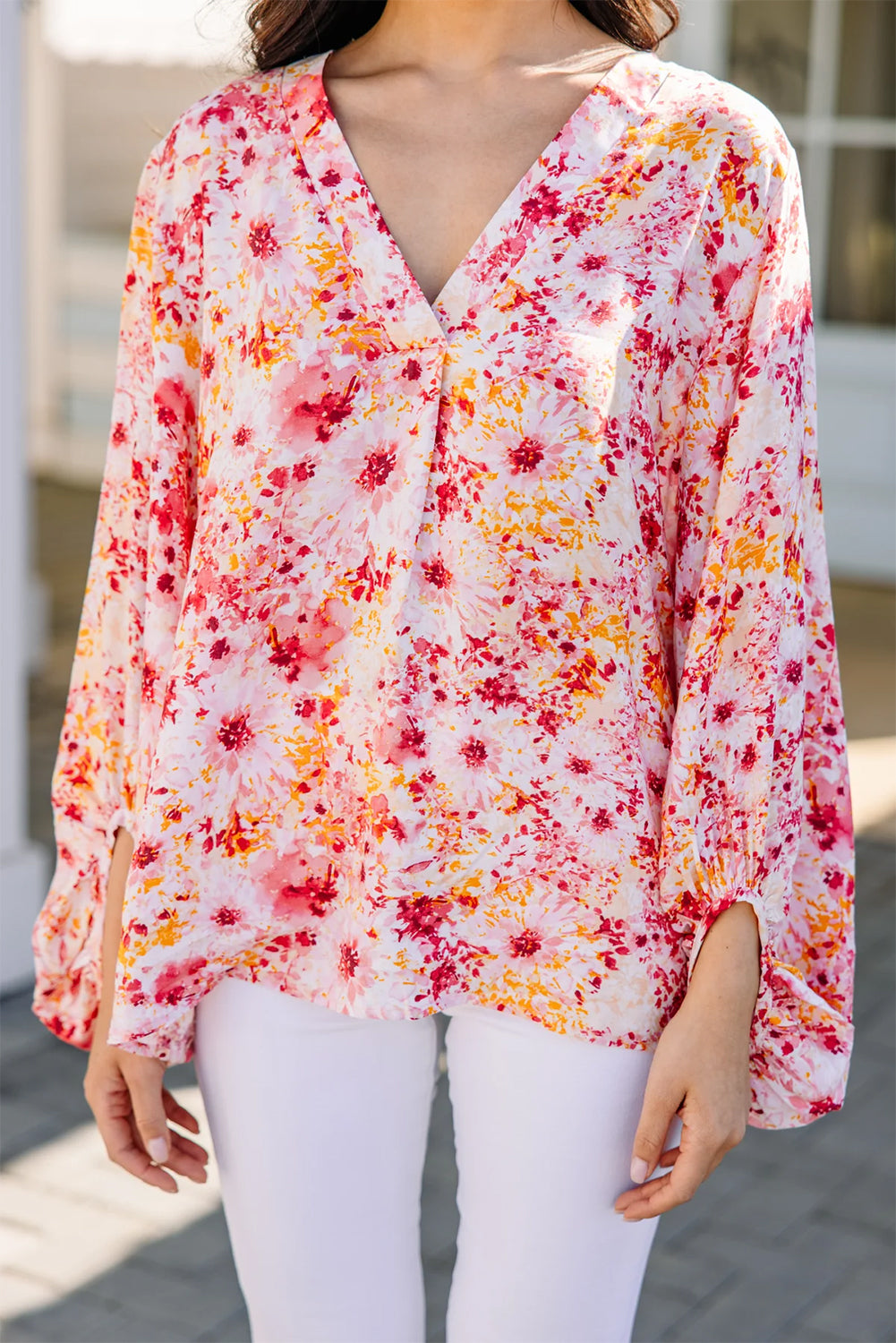 Blouse de cou de couche à manches à bulles florales roses