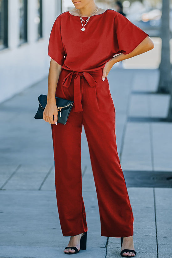 Bright red belted wide leg jumpsuit