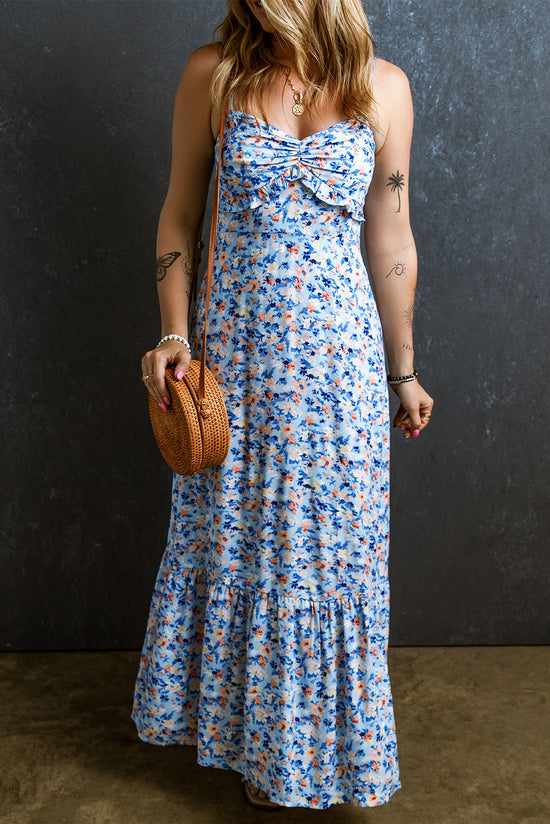 Robe longue froncée à volants et imprimé floral bleu ciel