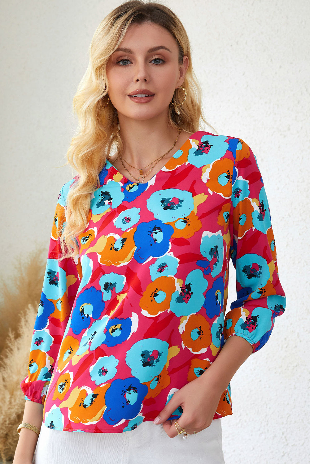 Rose Multicolor Floral Imprime en V Neck 3/4 Blouse à manches