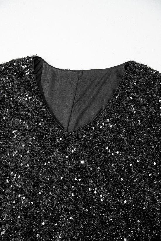 Couleur noir Robe à paillettes à manches bulles et col en V de grande taille