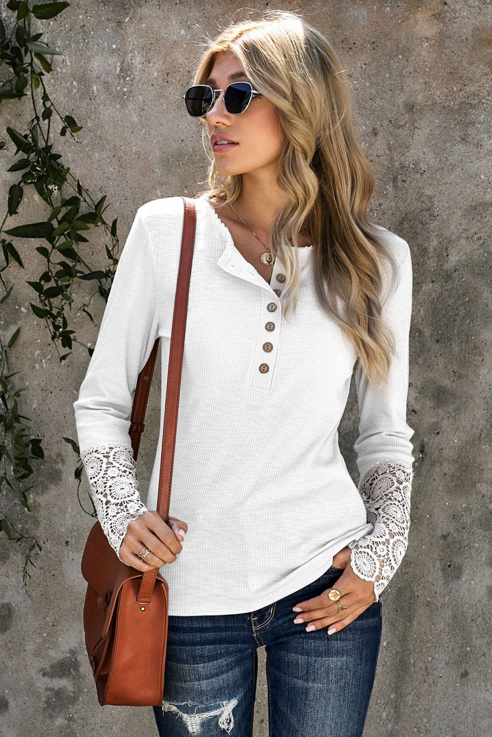 White Crochet Lace Hem Sleeve Button Top