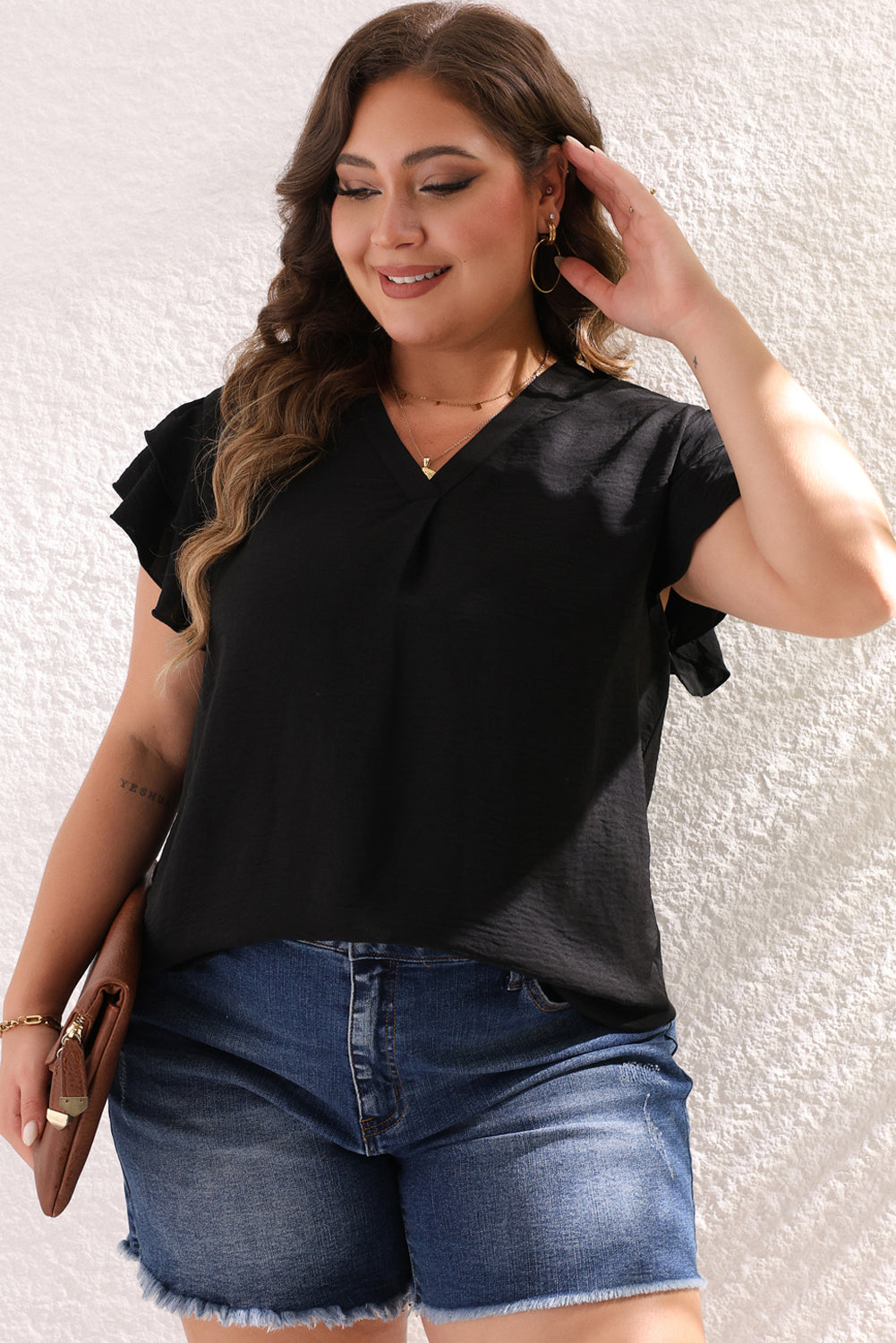 Black Black Short Short Manleve Neck Blouse