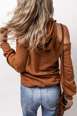 Cinnamon Exposed Seam Drawstring Off-Shoulder Hoodie