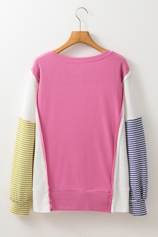 Long sleeve top in striped patchwork with pink sodium stitching