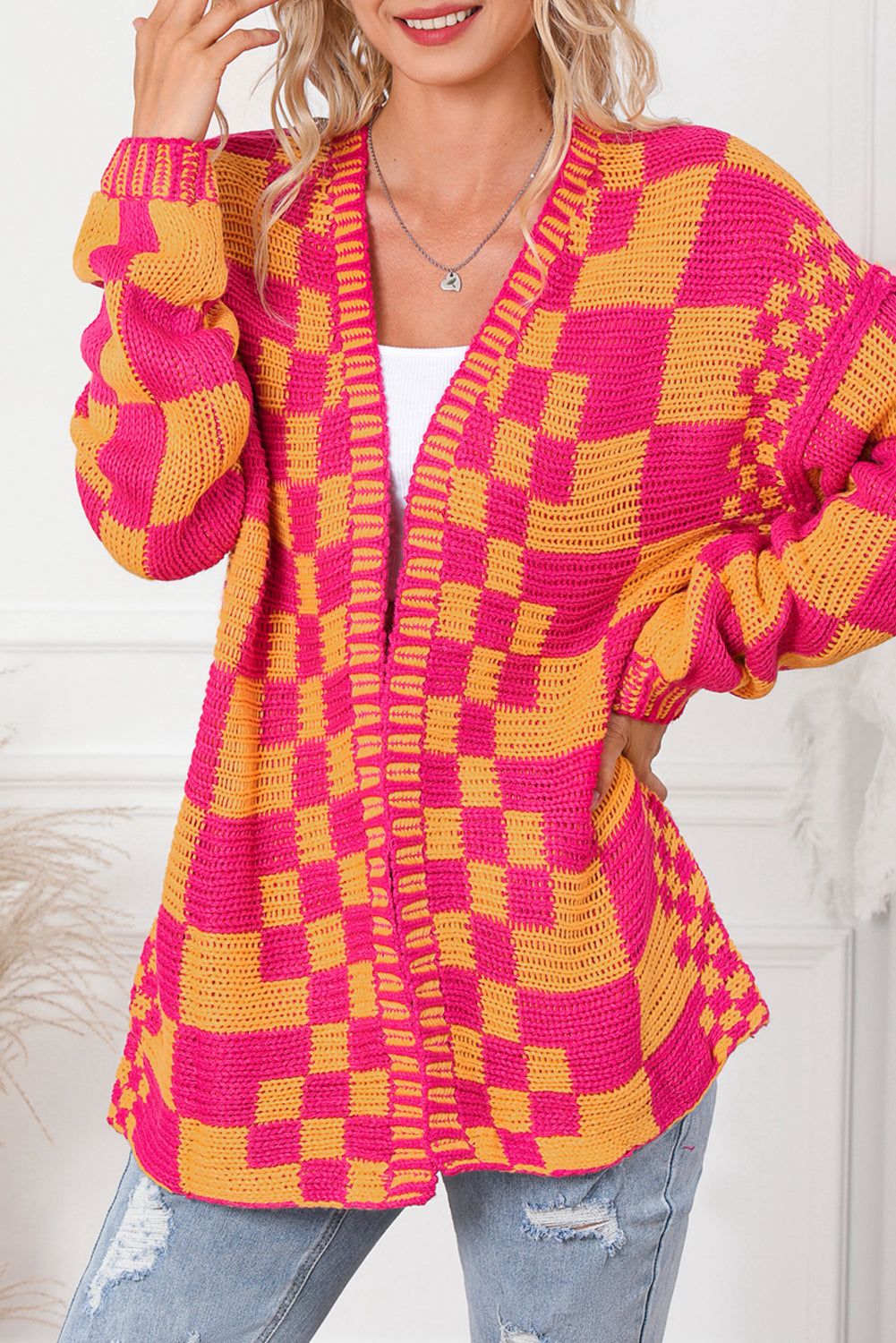 Multicolored mixed plaid open front knit cardigan