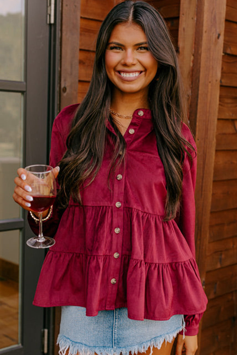 Burgundy Corduroy Ruffle Tiered Buttoned O Neck Shirt