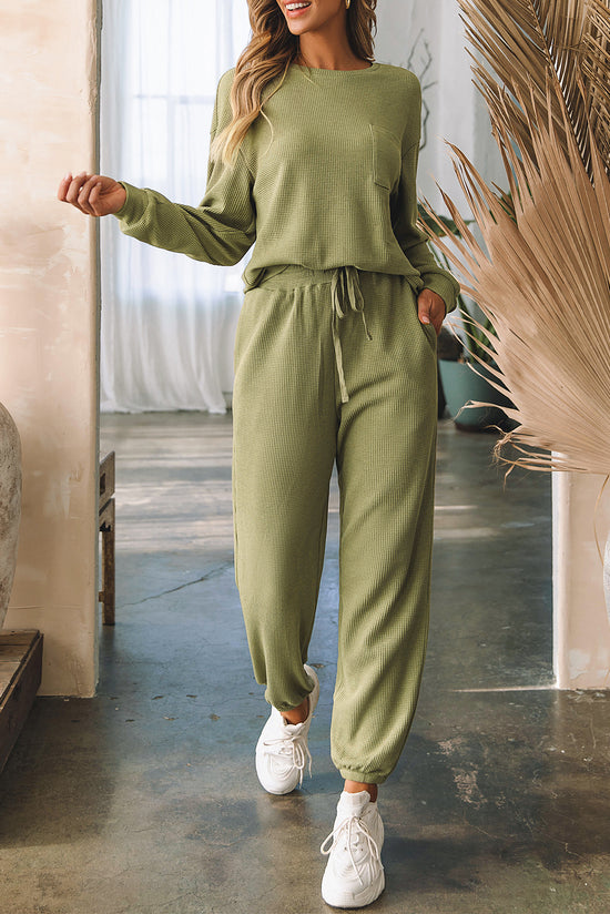 Laurel Green Waffle Knit Long Sleeve Drawstring Top Jogging Set