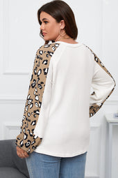 Plus Size Beige Leopard Print Waffle Knit Contrast Long Sleeve Top