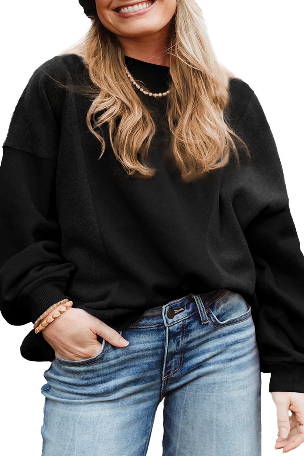 Black Crew Neck Patchwork Loose Sweatshirt Plus Size