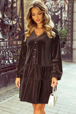 Dark Brown Textured Velvet V-Neck Straight Dress