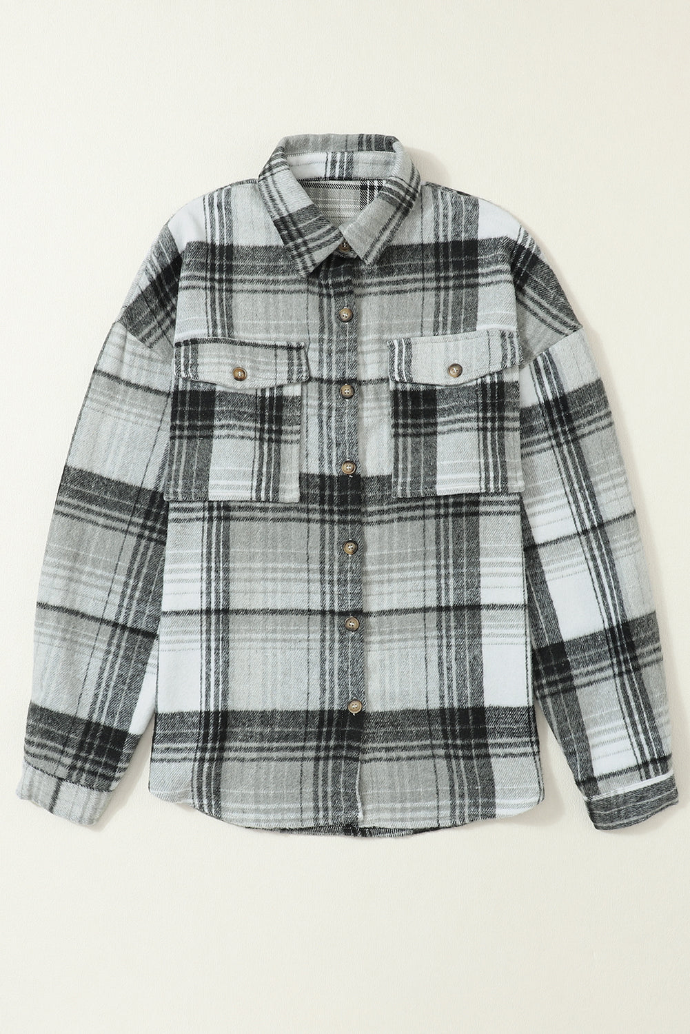 Medium Grey Plaid Flap Pockets Shacket