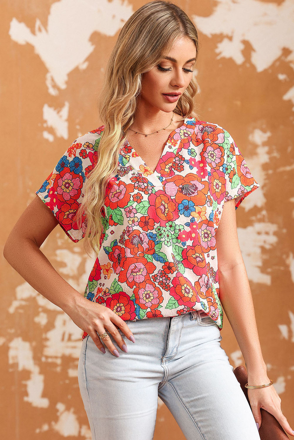 Fiery Red Floral Split Neck Top