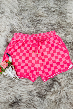 Pink Plaid Drawstring Elastic Waist Casual Shorts