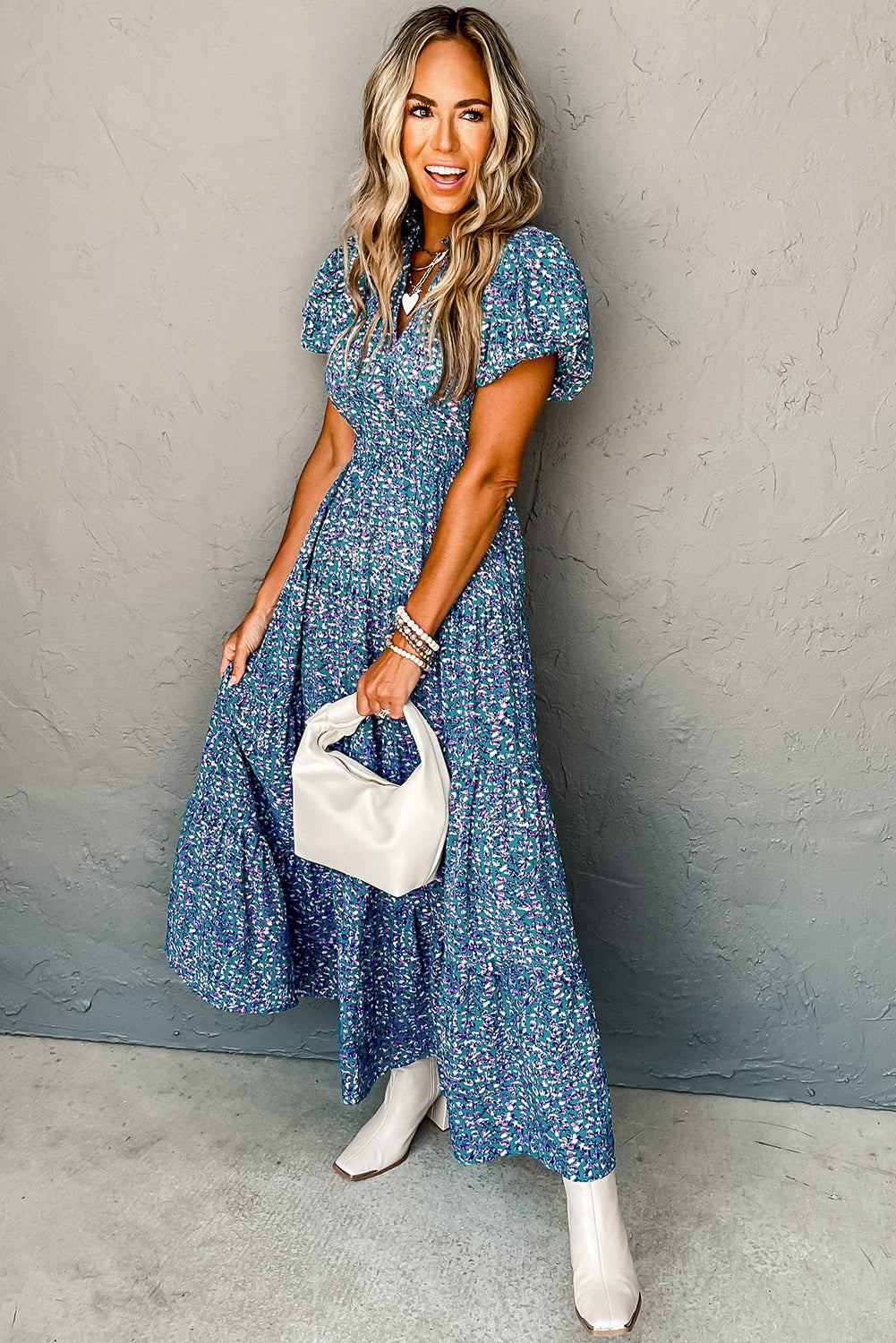 Blue Printed V Neck Shirred Short Puff Sleeve Maxi Dress