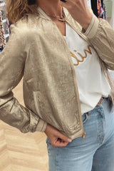 Metallic Pale Khaki Zip-Up Baseball Jacket