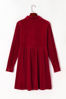 Bright Red Long Sleeve Ruffle Velvet Buttoned Dress