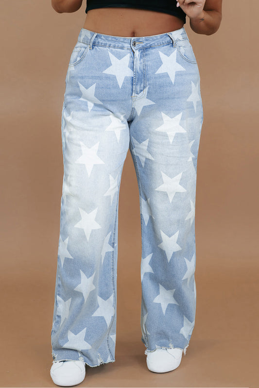 Beau Blue - Plus Size Star Pattern High Waisted Jeans