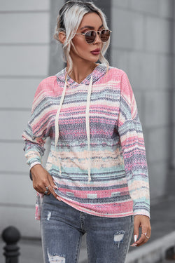 Multicolor Striped Printed Cable Knit Drop Shoulder Hoodie