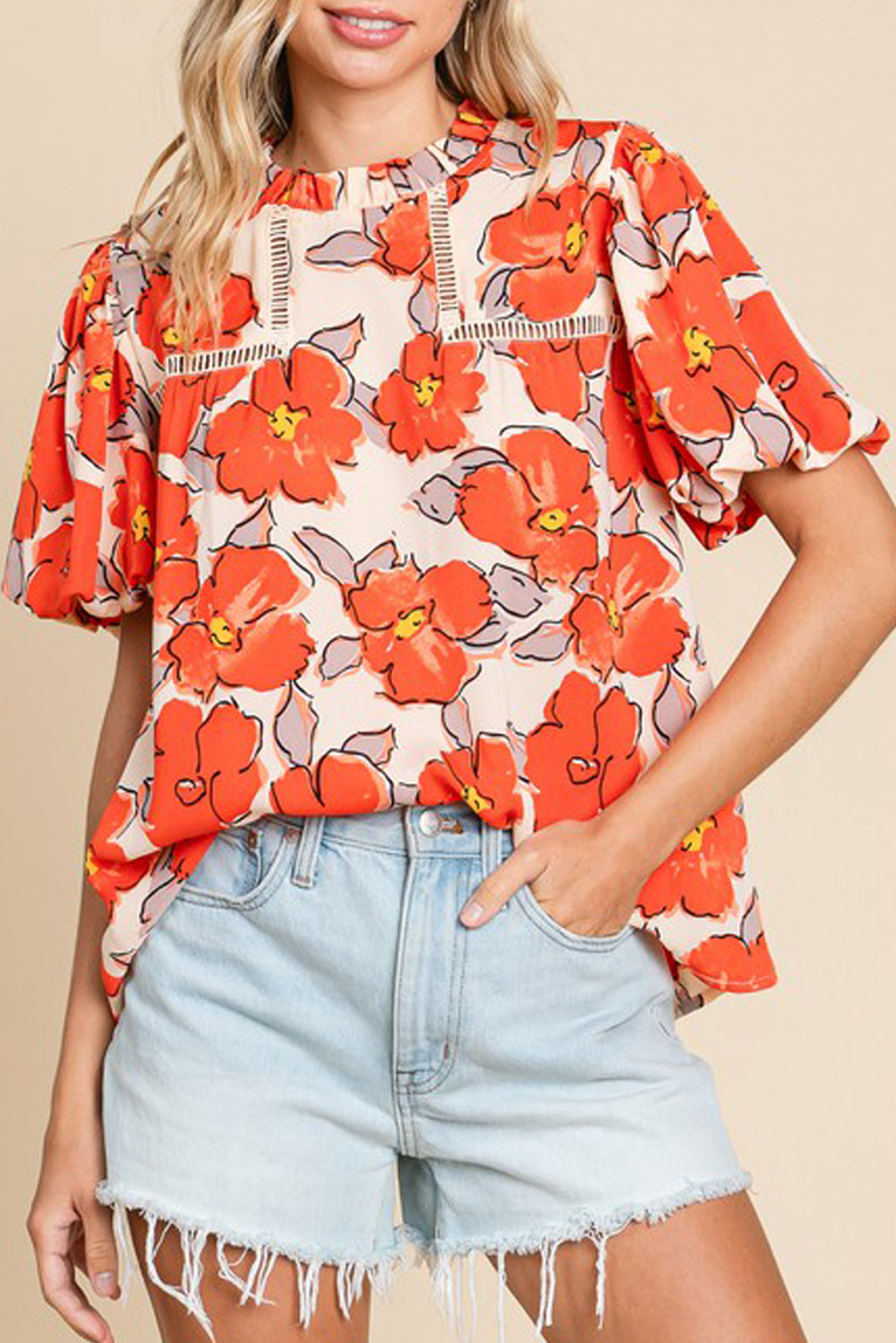 Naranja de la manga de la manga de la manga de burbujas floral blusa suelta