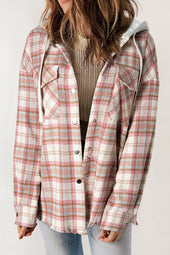 Multi-color plaid raw hem hooded jacket with flap pocket