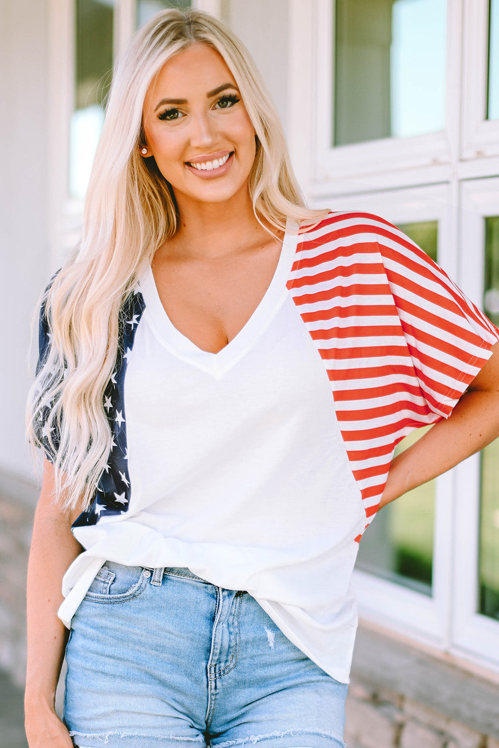 White the US Stars and Stripes V Neck Tee