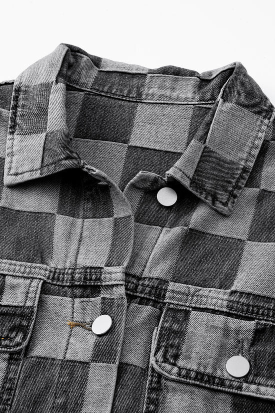 Veste en jean boutonnée noire à carreaux et patchwork