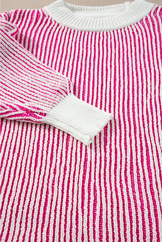 Pull ample à bords contrastés en tricot texturé à rayures rose vif