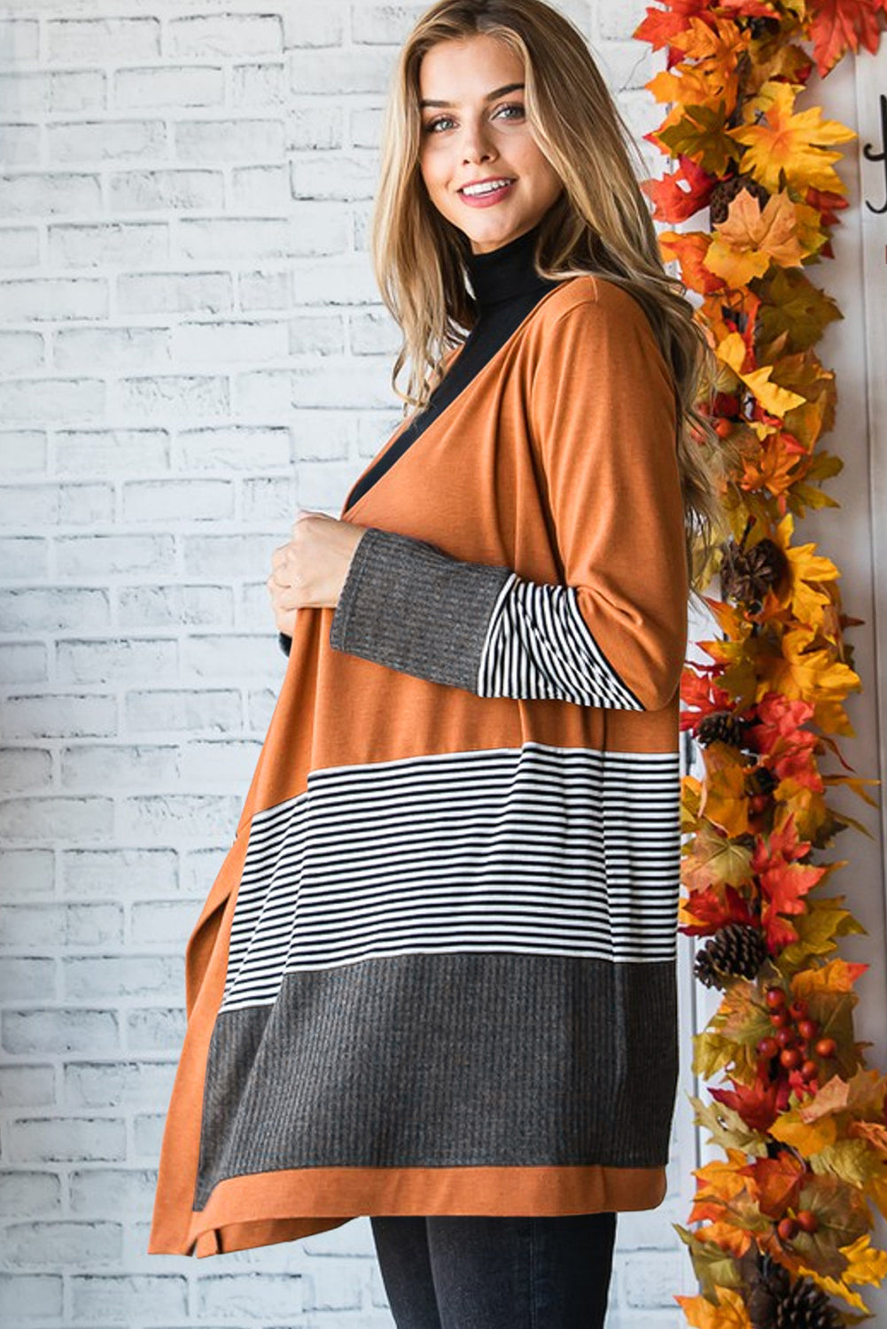 Cardigan ouvert patchwork rayé color block orange