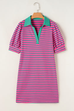 Striped pink t-shirt dress, V * collar