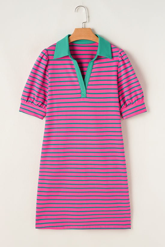 Striped pink t-shirt dress, V * collar