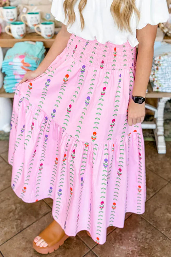 Rose printed long swallowed skirt on several levels