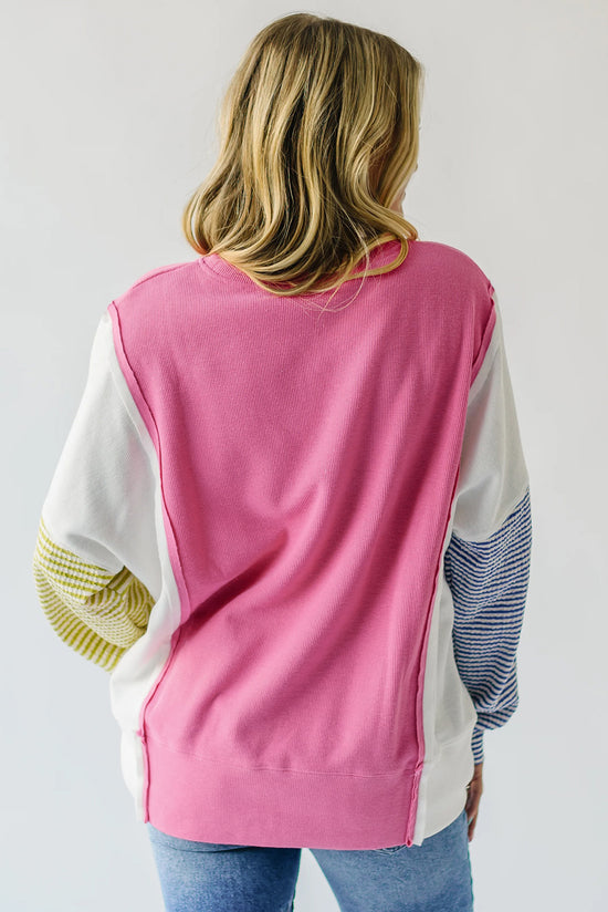 Long sleeve top in striped patchwork with pink sodium stitching