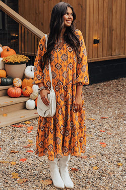 Orange Western Geometric Print Midi Dress with Tiered Ruffles, Loose Fit