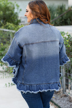 Plus Size Peacock Blue Frayed Short Sleeve Denim Jacket