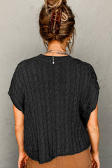 Pull noir à manches courtes et col rond en tricot torsadé
