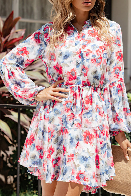 Fluid dressing -tightening dress with vintage sky blue floral print