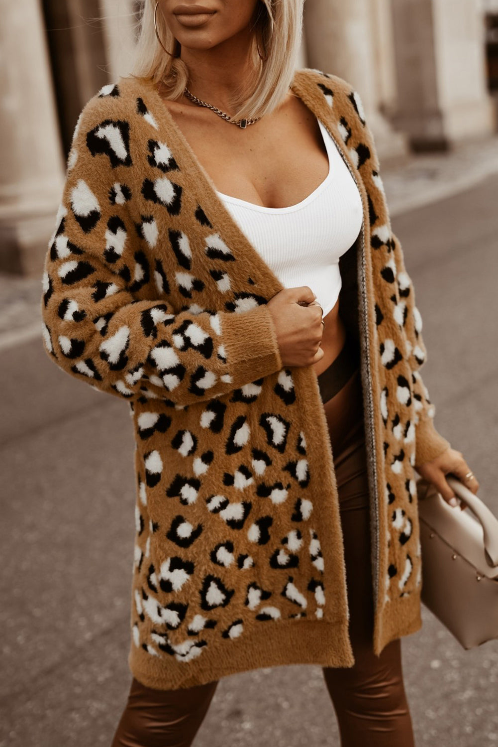 Cardigan in pelliccia di stampa leopardata marrone