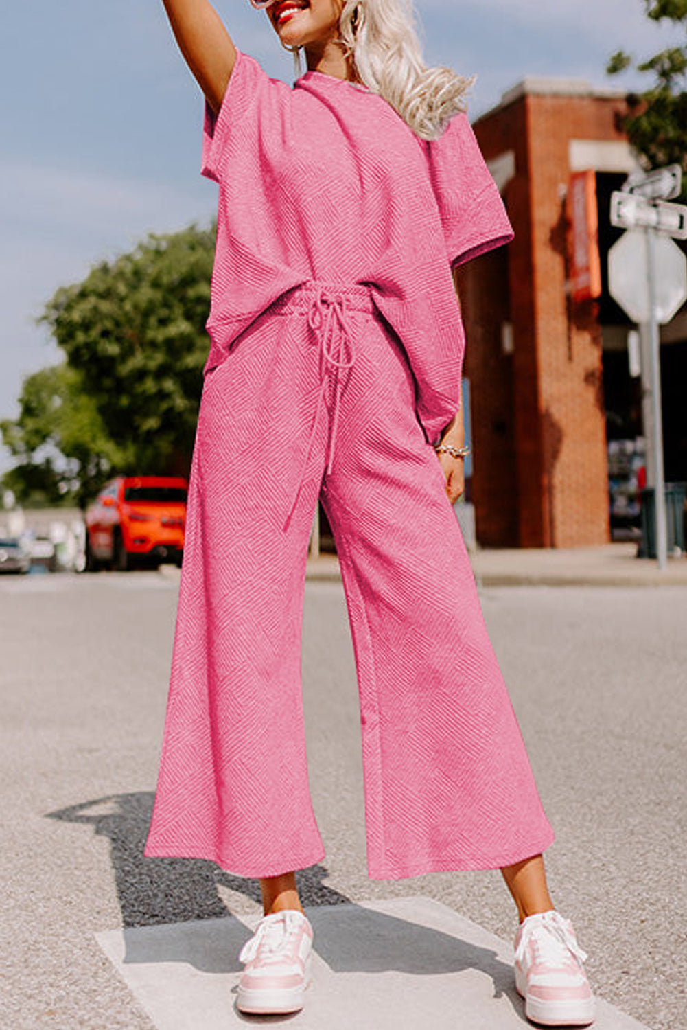 Strawberry Pink Textured Loose T-Shirt and Drawstring Pants Set