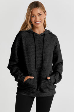 Quathered black hooded sweatshirt with kangaroo pocket and tightening cord