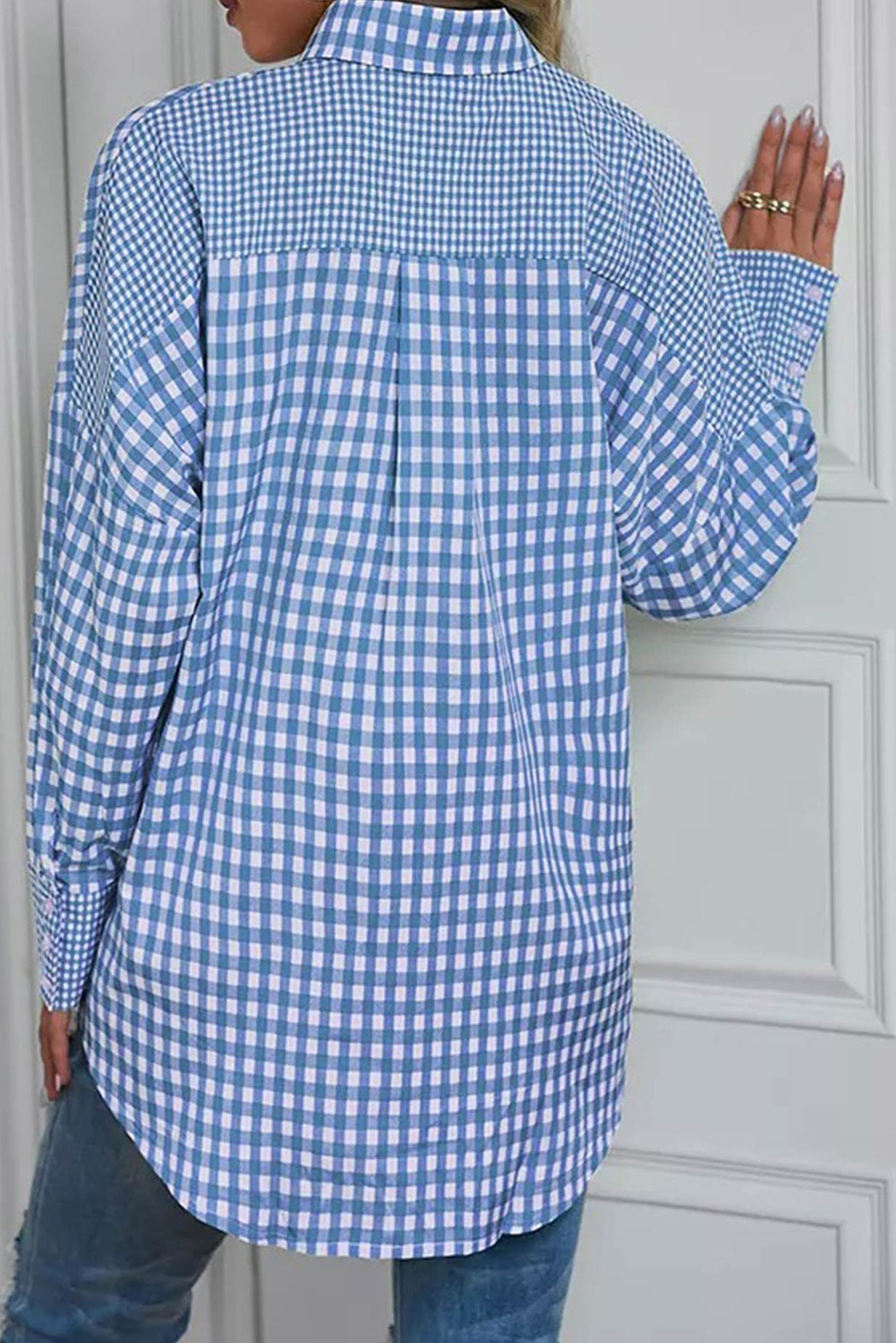 Sky Blue Streifen Plaid Patchwork -Knopf auf Langarm Shirt