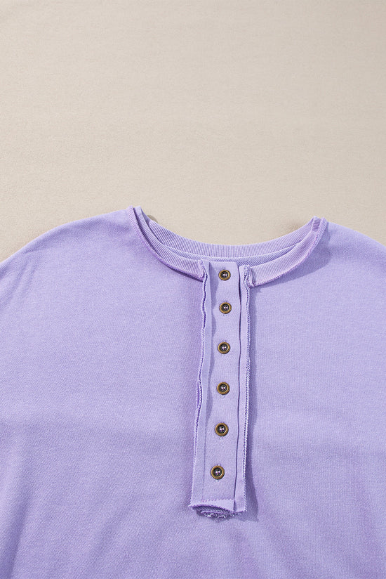 Lilac Sequin Henley Sweatshirt with High Low Hem