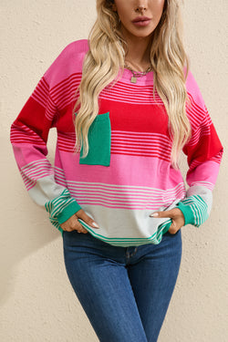 Pull shoulder sweater and knitted pink pocket pocket with pink stripes