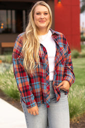 Plus Size Red Plaid Printed Button Down Shirt