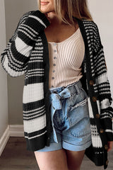 Cardigan boutonné en tricot texturé color block noir-A WOMAN WE LOVE